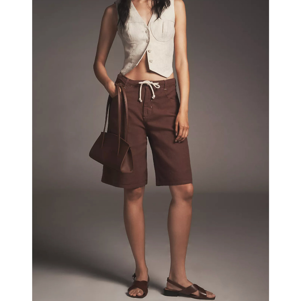 Anthropologie Pilcro Linen Blend Drawstring Bermuda Shorts | sz 32, Brown NEW